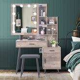 HAOYYE Modern Gray Vanity Table Set with Mirror Cabinet 2 Drawers 1 Door and 2 Storage Shelves Triamine Veneer Surface Iron Legs and 3 Light Bulbs Stylish Dressing Table for Bedroom and Makeup Room